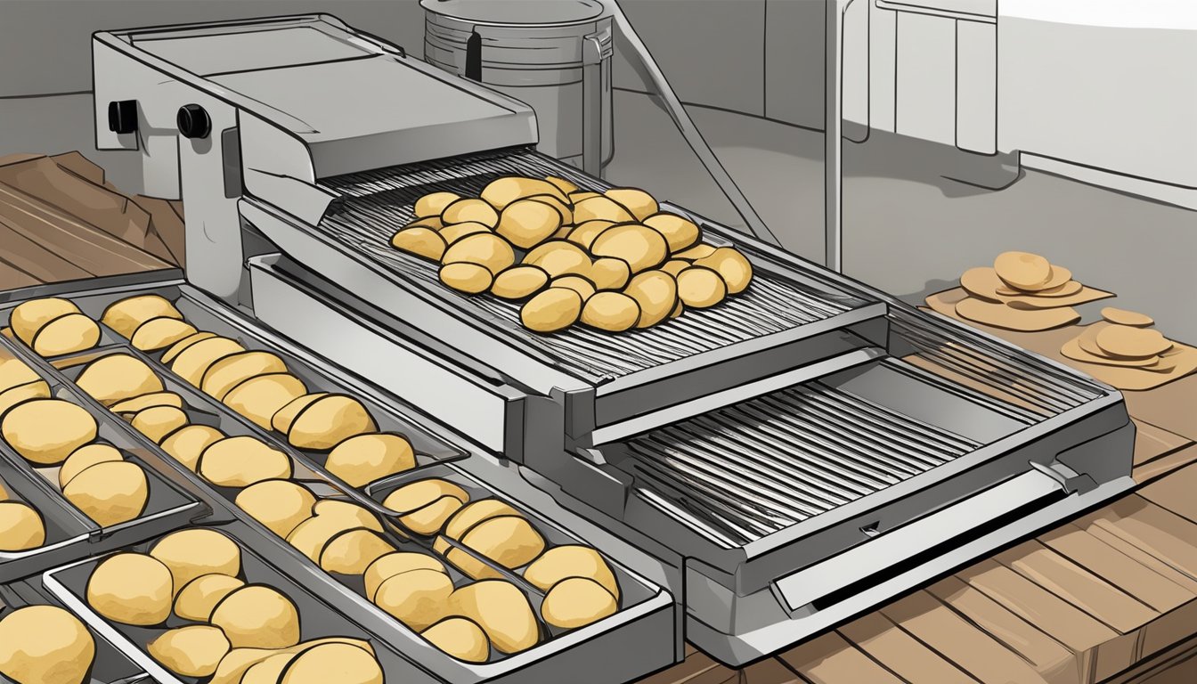 Potatoes being sliced into thin strips, laid out on dehydrator trays, and set to dry