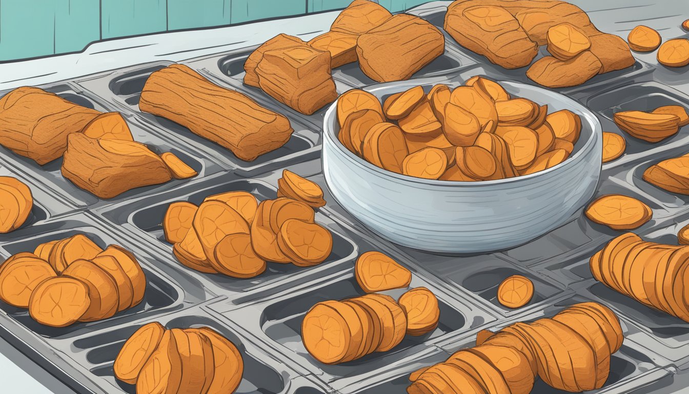 Sweet potatoes sliced on dehydrator trays, surrounded by dog treats and a bowl of water