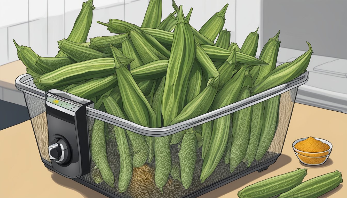 Okra being sliced and arranged in an air fryer basket, with the air fryer set to the appropriate temperature and time