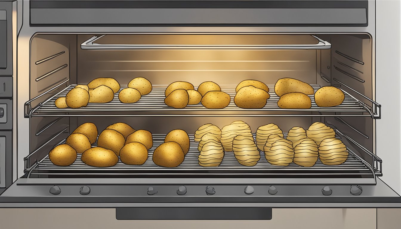 Sliced potatoes arranged on wire racks in a hot oven, with steam rising as they dehydrate