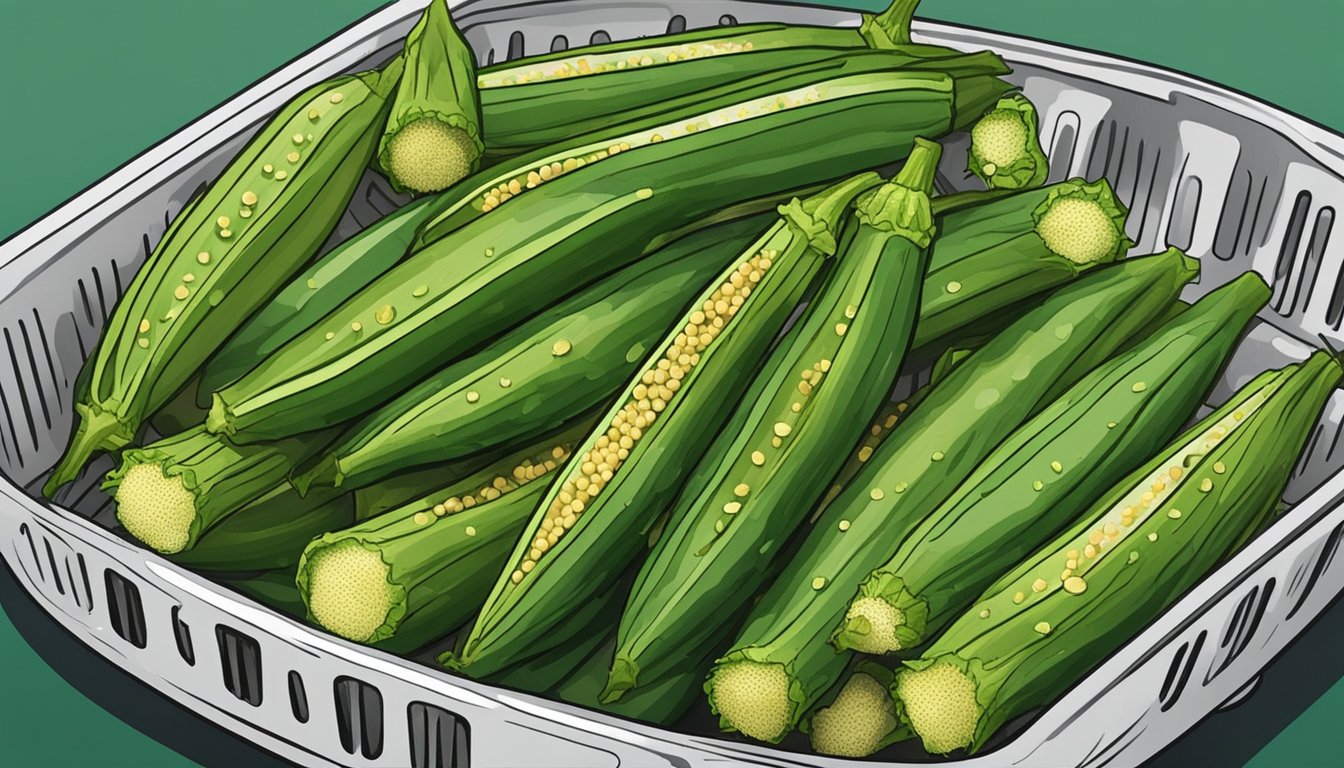 Fresh okra arranged in a single layer inside an air fryer basket, with seasoning sprinkled evenly over the pods