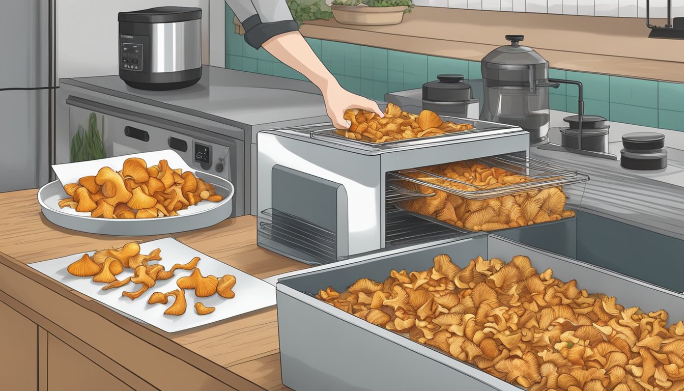 A kitchen countertop with a dehydrator and a pile of fresh chanterelle mushrooms being sliced and placed onto the dehydrator trays