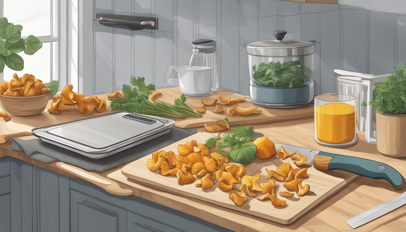 A kitchen counter with a dehydrator, cutting board, knife, and fresh chanterelle mushrooms