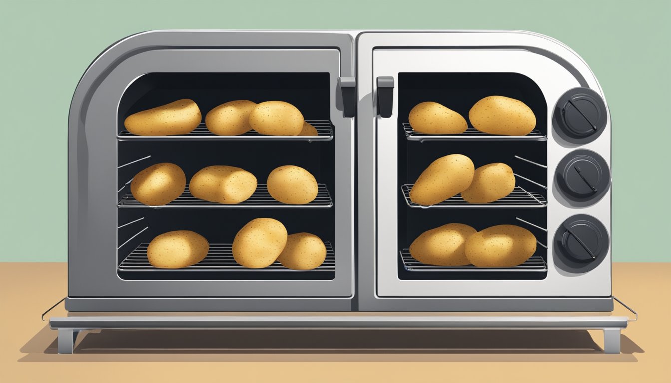 Slices of potatoes arranged on a wire rack inside an oven, with the oven door closed and heat emanating from the inside