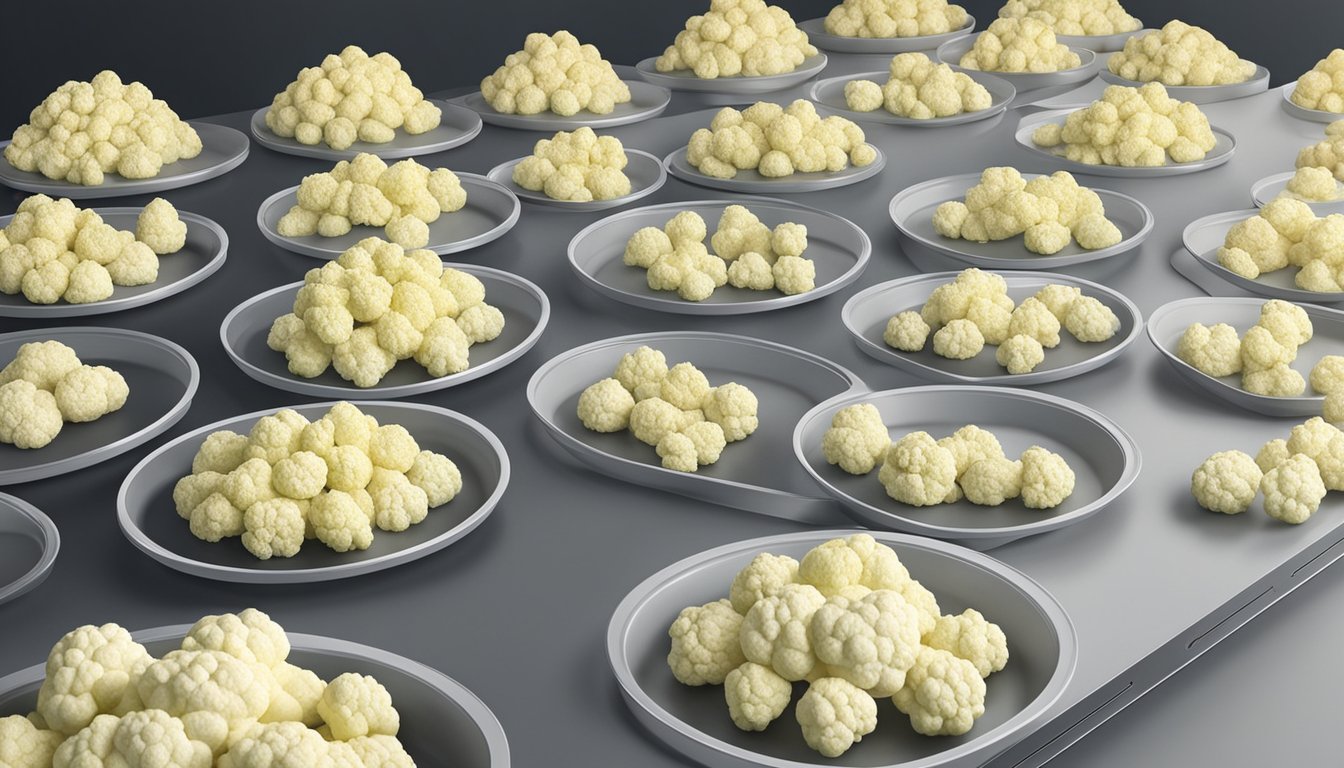 Fresh cauliflower florets placed on dehydrator trays, set to low heat. Timer set for 6-8 hours