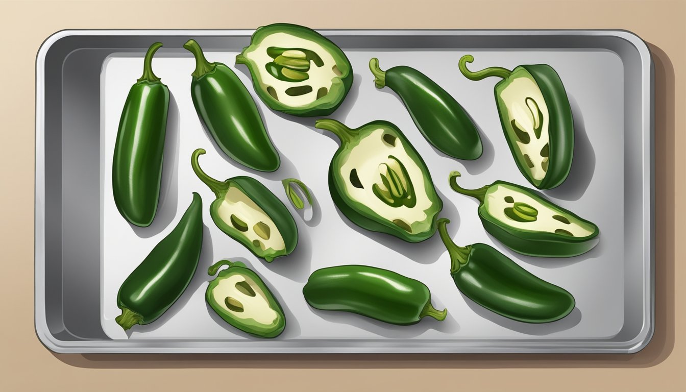 Jalapenos laid out on a baking sheet, sliced and ready to be dehydrated in the oven. A pair of oven mitts nearby for safety