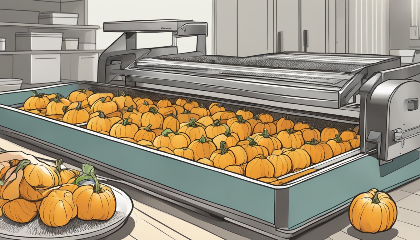 Butternut squash being sliced and arranged on dehydrator trays