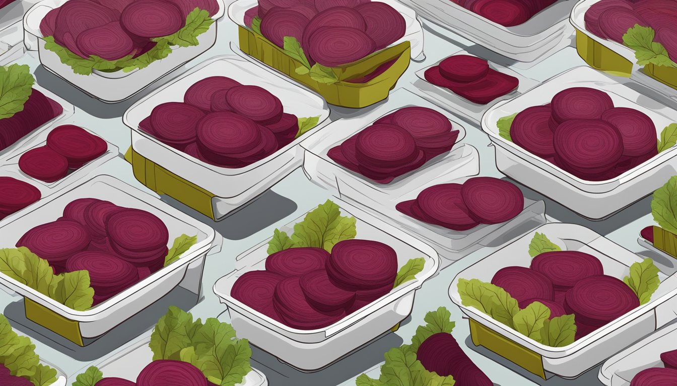 Fresh beets arranged on dehydrator trays, slices spread out evenly. Machine set to low heat, with warm air circulating around the beets