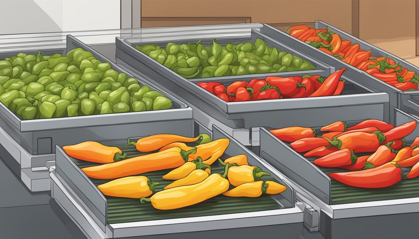 Fresh peppers being sliced and arranged on dehydrator trays, with the dehydrator set to a low temperature for several hours