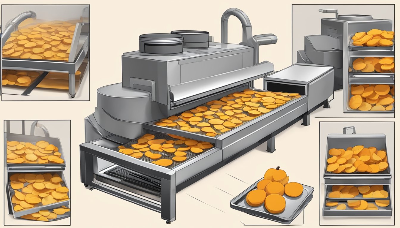 Butternut squash slices placed on dehydrator trays, with the machine turned on and the squash slowly drying out