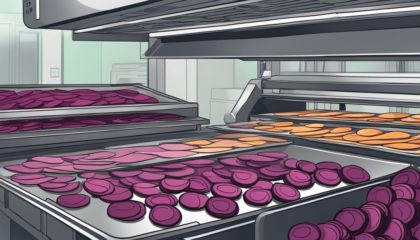 Beets being sliced into thin rounds and arranged on dehydrator trays, with the dehydrator set to low heat