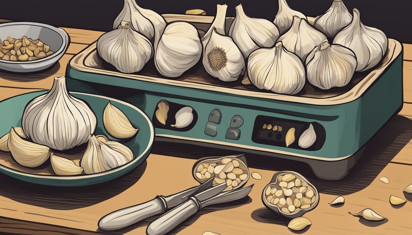 Garlic cloves laid out on a dehydrator tray, surrounded by cutting board, knife, and bowl of peeled cloves