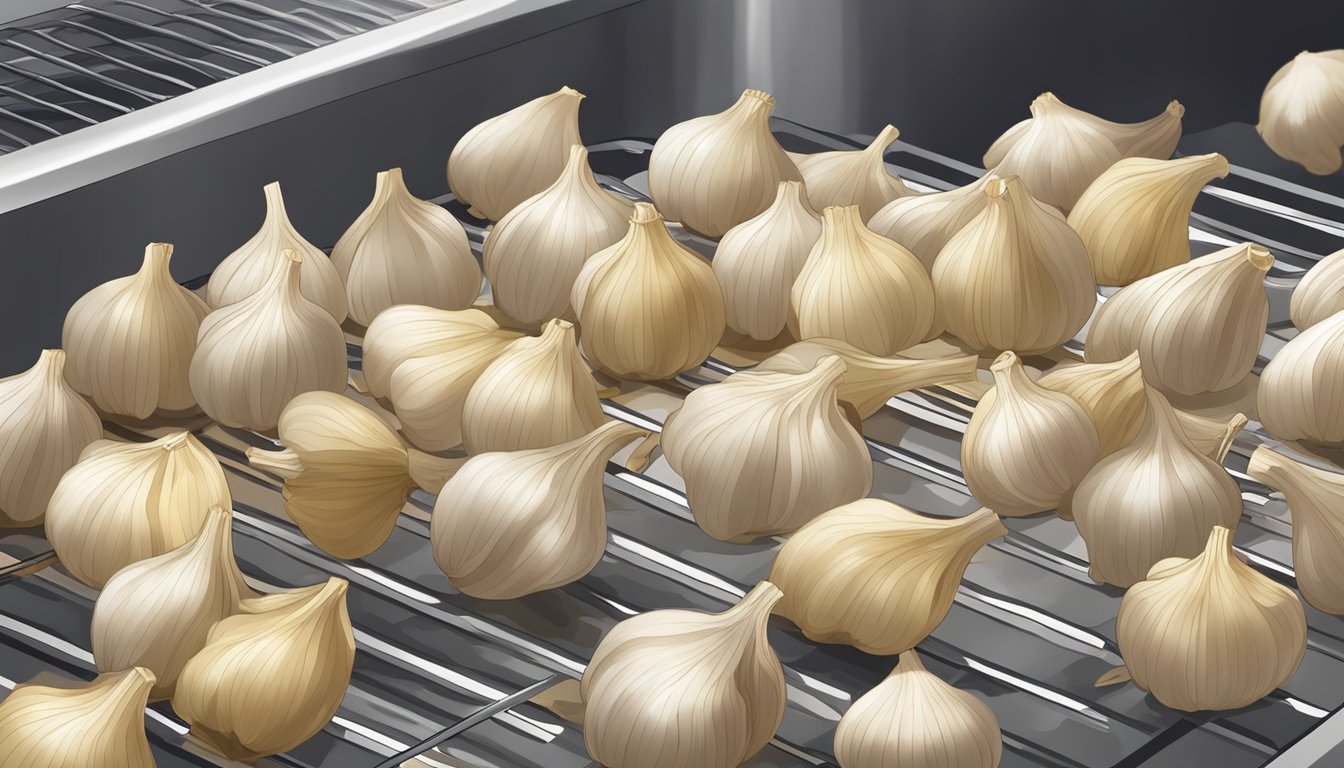 Garlic cloves spread out on a dehydrator tray, with the dehydrator machine turned on and emitting warm air to dry the cloves