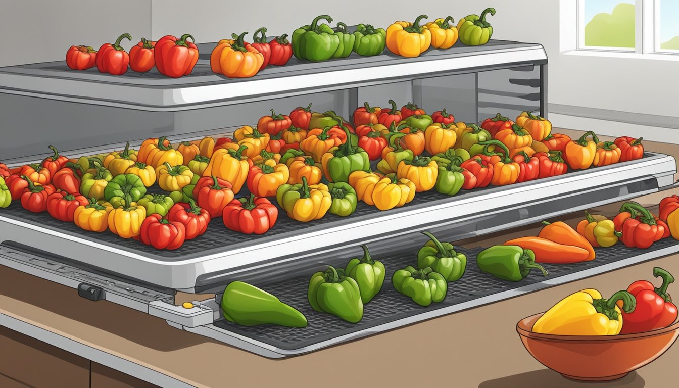 Fresh peppers arranged on dehydrator trays, with the dehydrator turned on and emitting warm air to dry the peppers