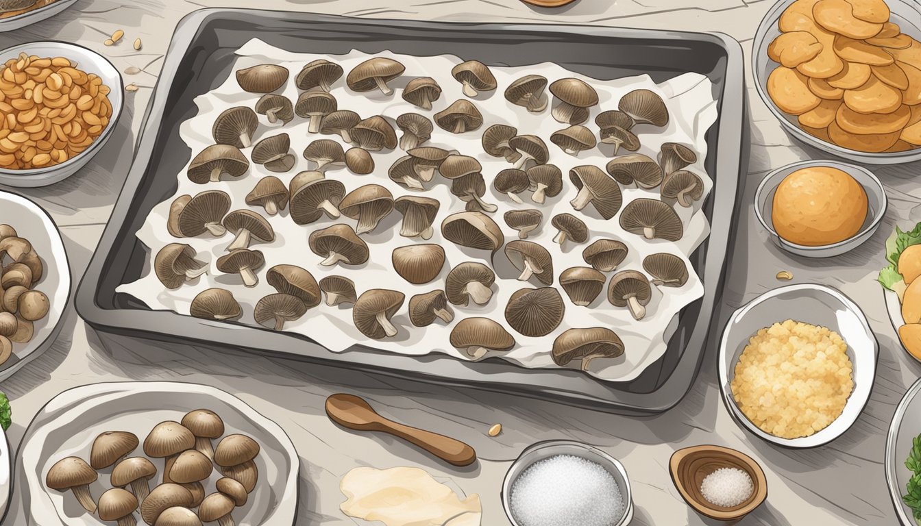 A kitchen counter with sliced mushrooms spread out on a baking sheet lined with parchment paper, surrounded by bowls of salt and a fan for air circulation