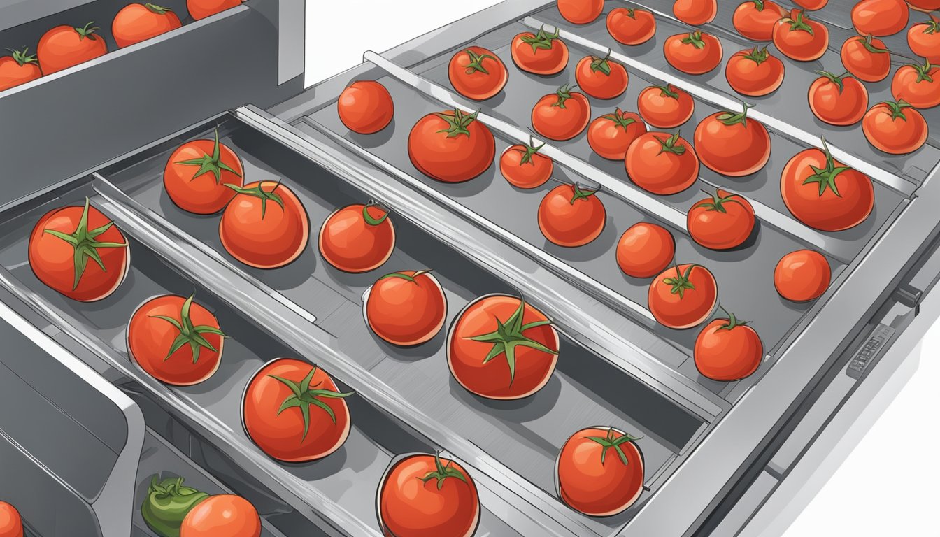 Fresh tomatoes being sliced into thin rounds, arranged on dehydrator trays, and then placed inside the dehydrator machine