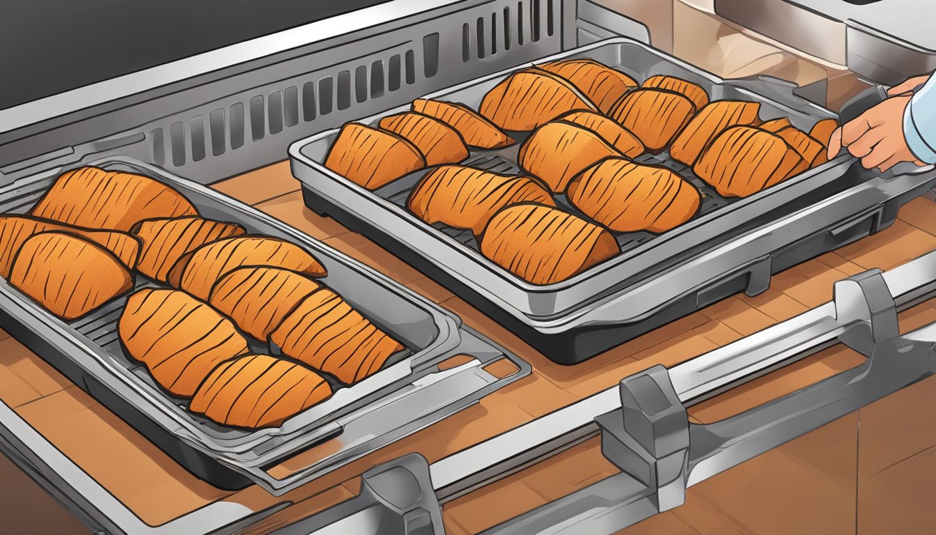 Sweet potatoes being sliced and arranged in air fryer trays for dehydration