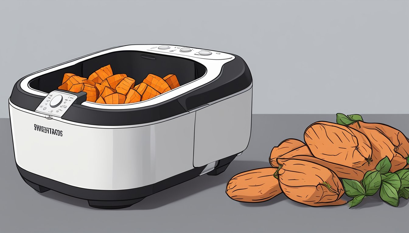 Sweet potatoes arranged in an air fryer, with the machine set to dehydrate mode