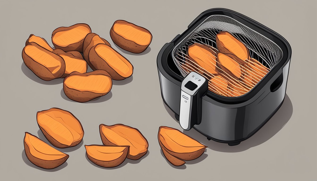 Sweet potatoes arranged in a single layer inside an air fryer basket, with the air fryer turned on and emitting heat