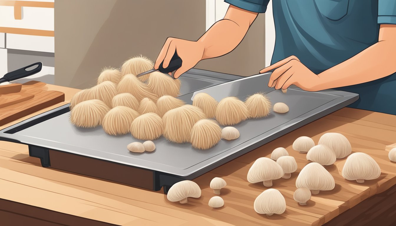 Fresh lion's mane mushrooms laid out on a clean cutting board, being sliced into thin strips by a sharp knife before being placed on a dehydrator tray