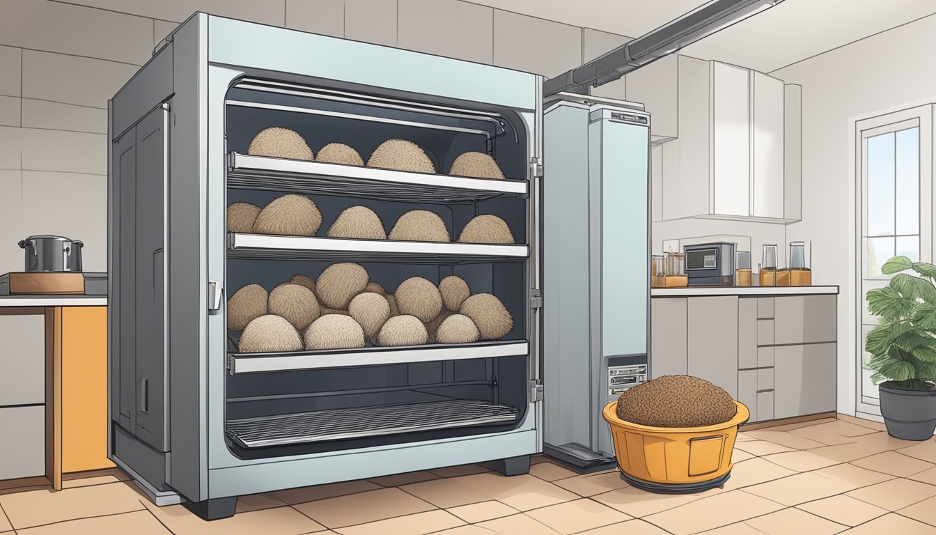 A lion's mane mushroom sits on a dehydrating rack inside a machine, with warm air circulating around it