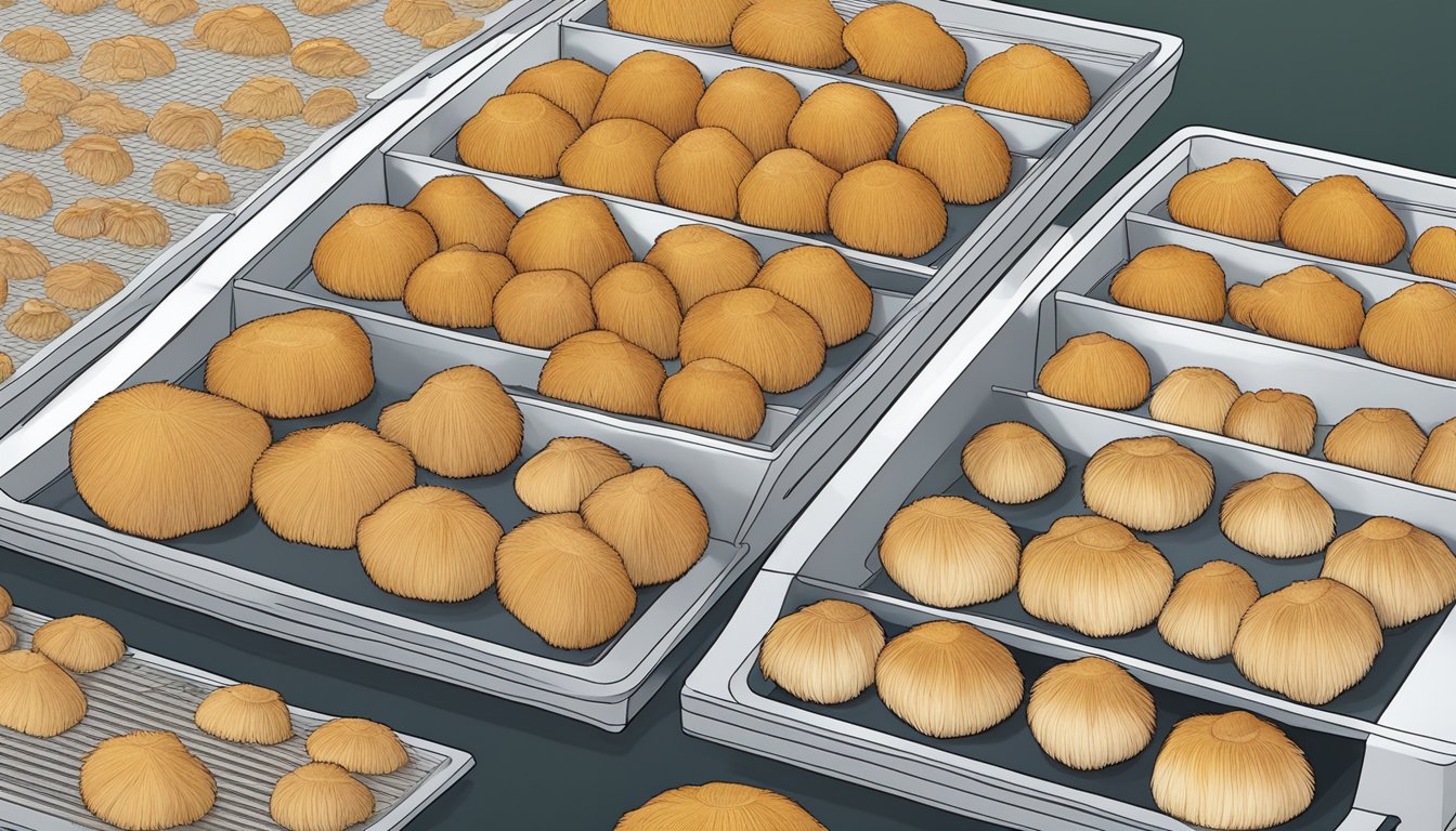 Lion's mane mushrooms laid out on dehydrator trays, with temperature and time settings visible