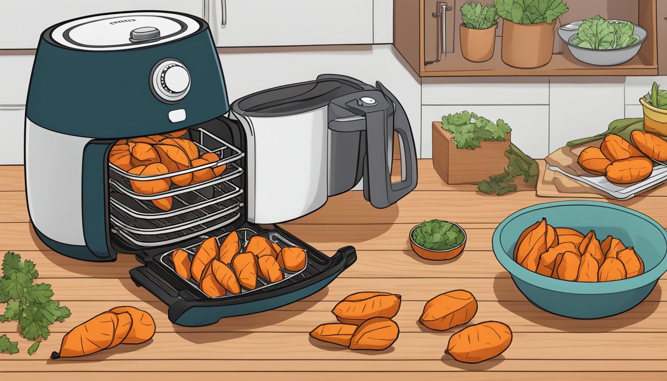 Sweet potatoes arranged in an air fryer basket, surrounded by steam, with the air fryer set to the dehydrate function