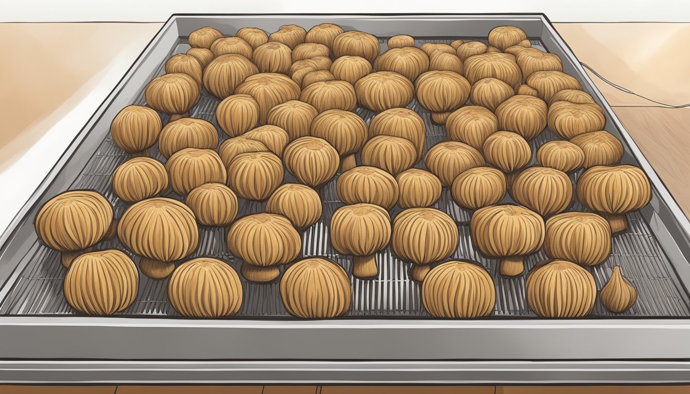 Lion's mane mushrooms are laid out on a dehydrator tray, with warm air circulating around them as they dry out