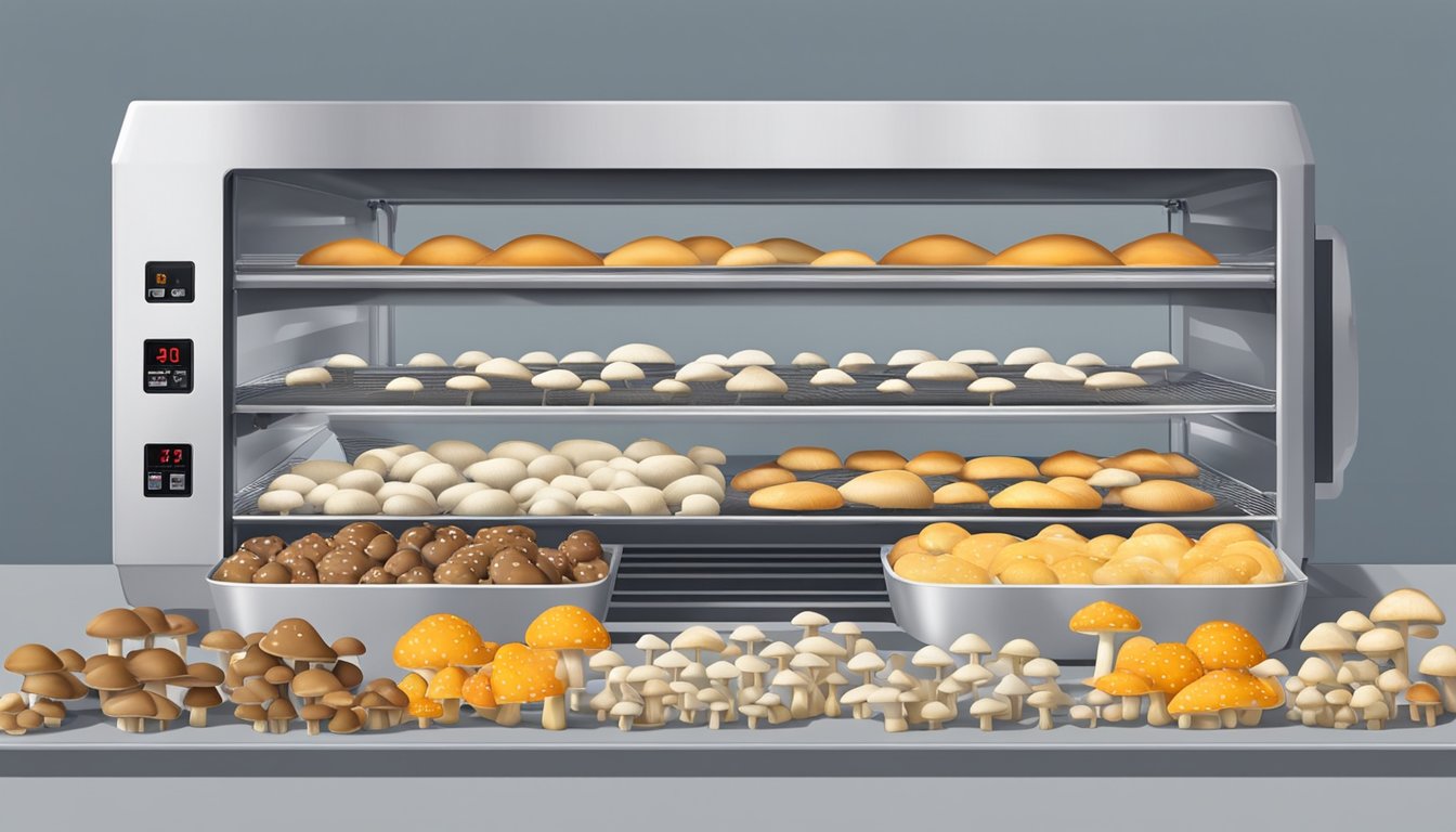 Mushrooms arranged on dehydrator trays, machine plugged in, emitting low heat, with a timer set for several hours