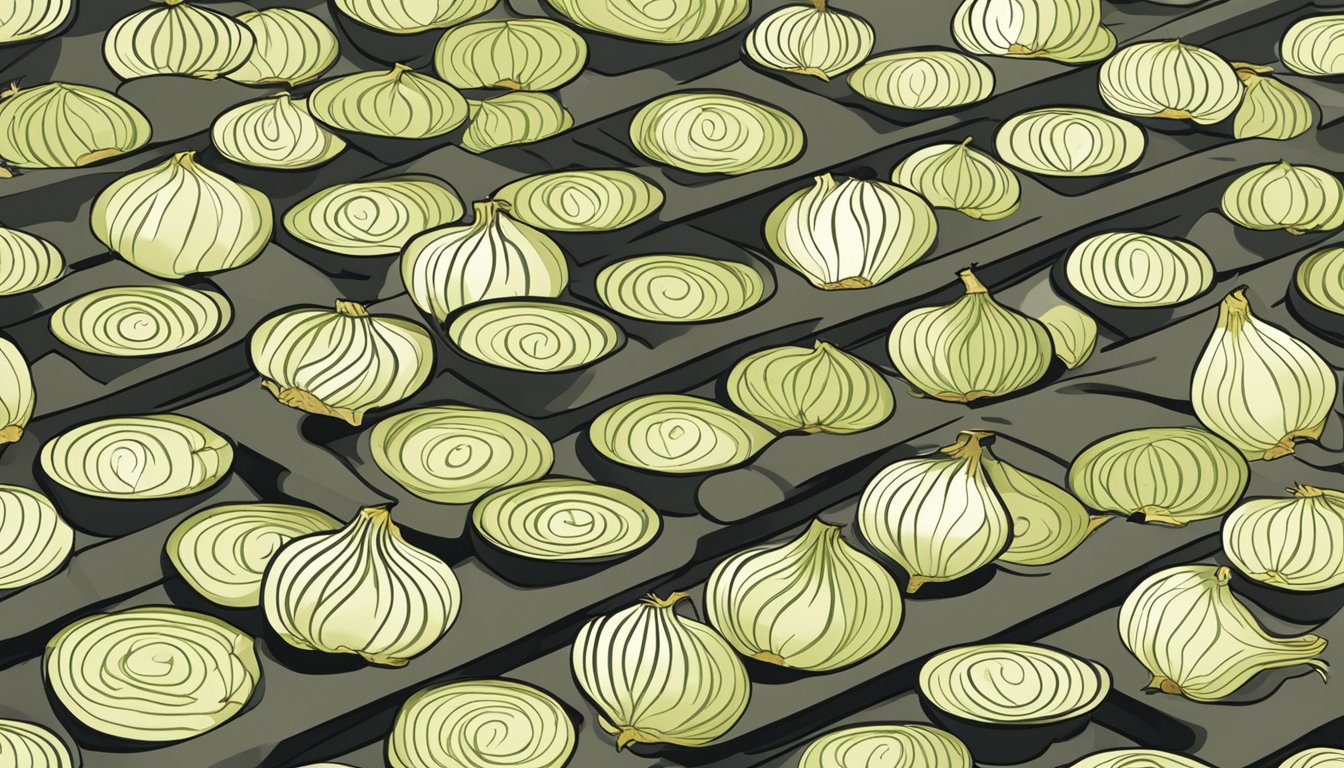 Onions sliced on dehydrator trays, set to low heat, with a fan blowing air over them