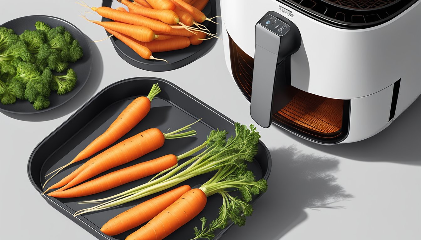 Carrots arranged on air fryer tray, surrounded by circulating hot air