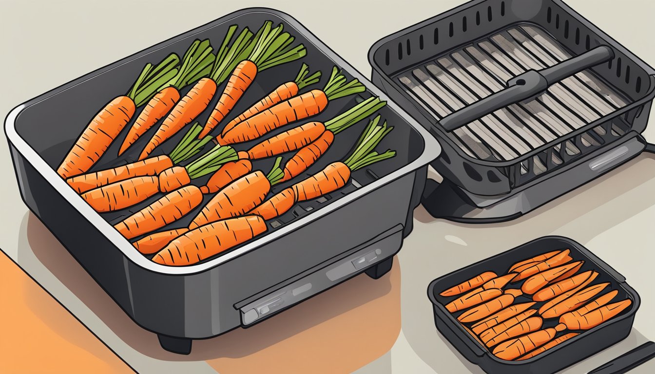 Carrots arranged on air fryer trays, with the air fryer set to the dehydration function