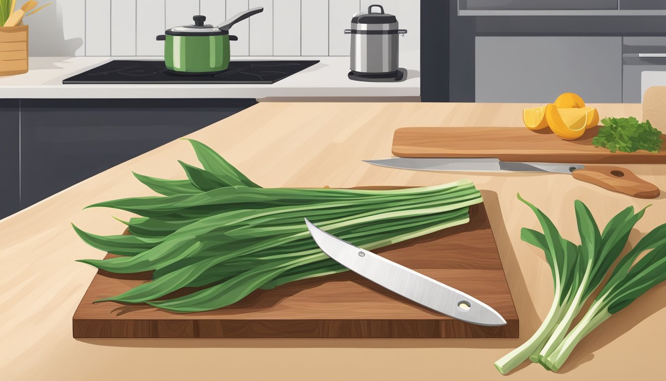 A wooden cutting board with freshly picked ramps, a sharp knife, and a dehydrator on a kitchen counter