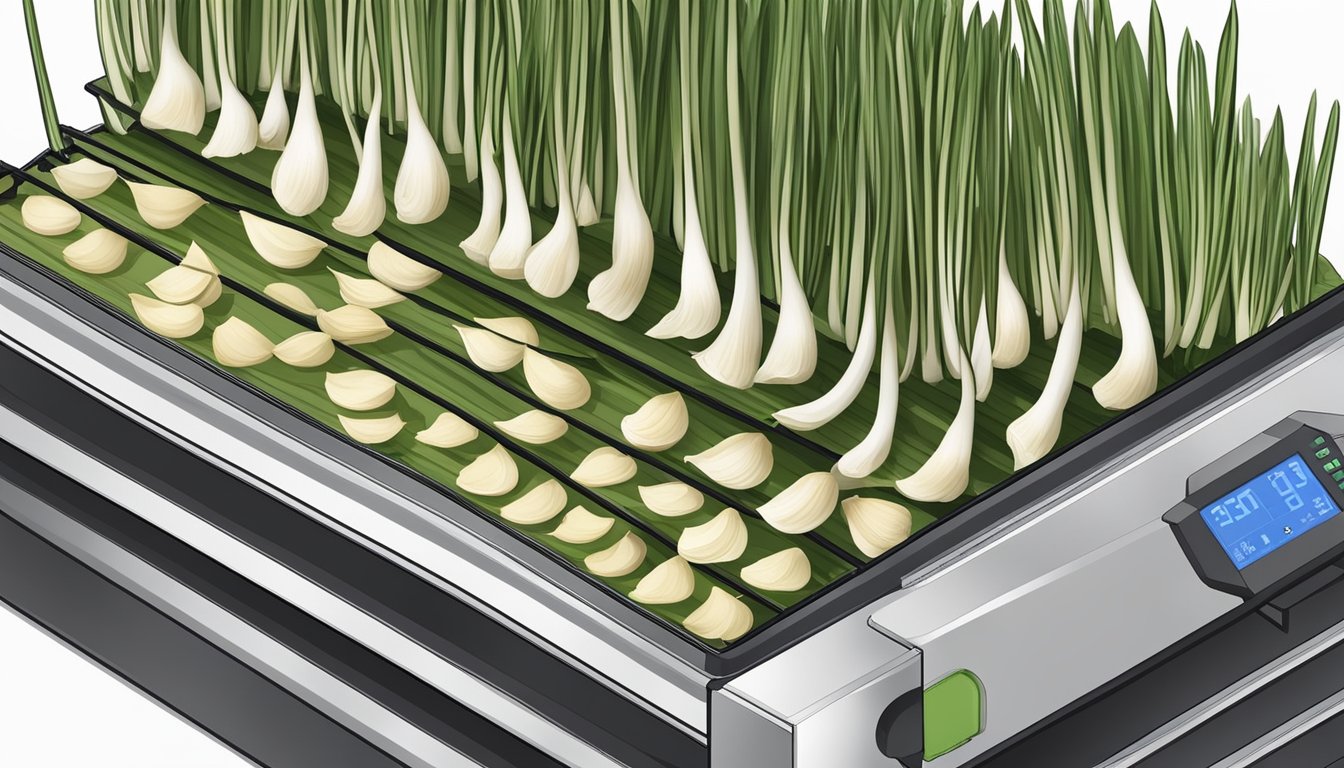 Fresh ramps arranged on dehydrator trays, with the machine set to the appropriate temperature and time for drying