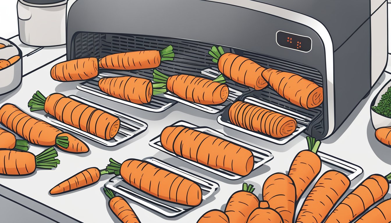 Fresh carrots being sliced into thin strips and arranged on the wire rack inside an air fryer, with the air fryer set to the dehydration setting