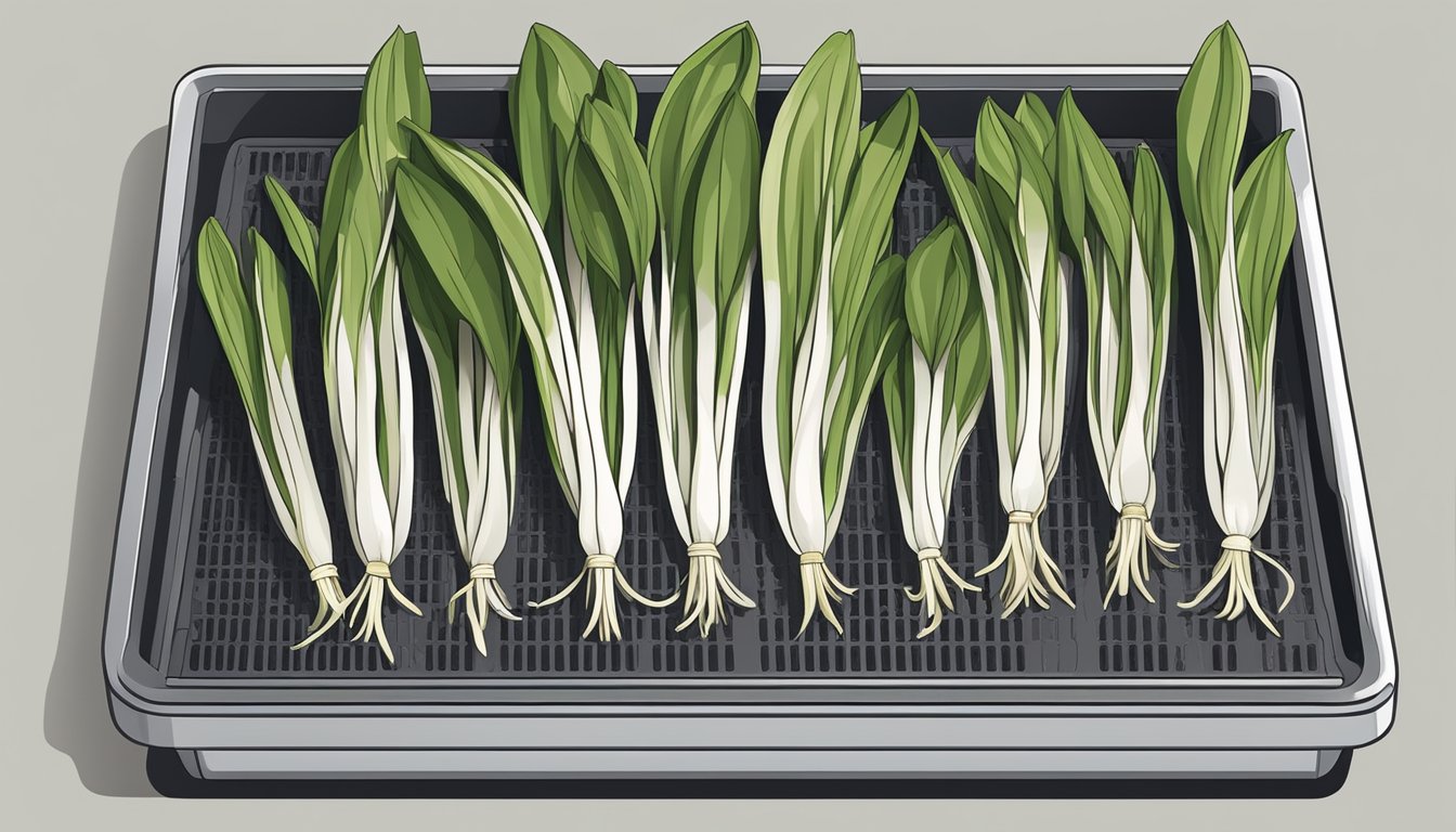 Fresh ramps laid out on a dehydrator tray, with the machine set to low heat for the dehydration process