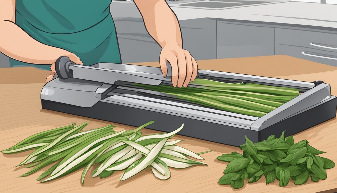 A person slicing fresh ramps on a cutting board, arranging them on dehydrator trays, and setting the machine to dry them