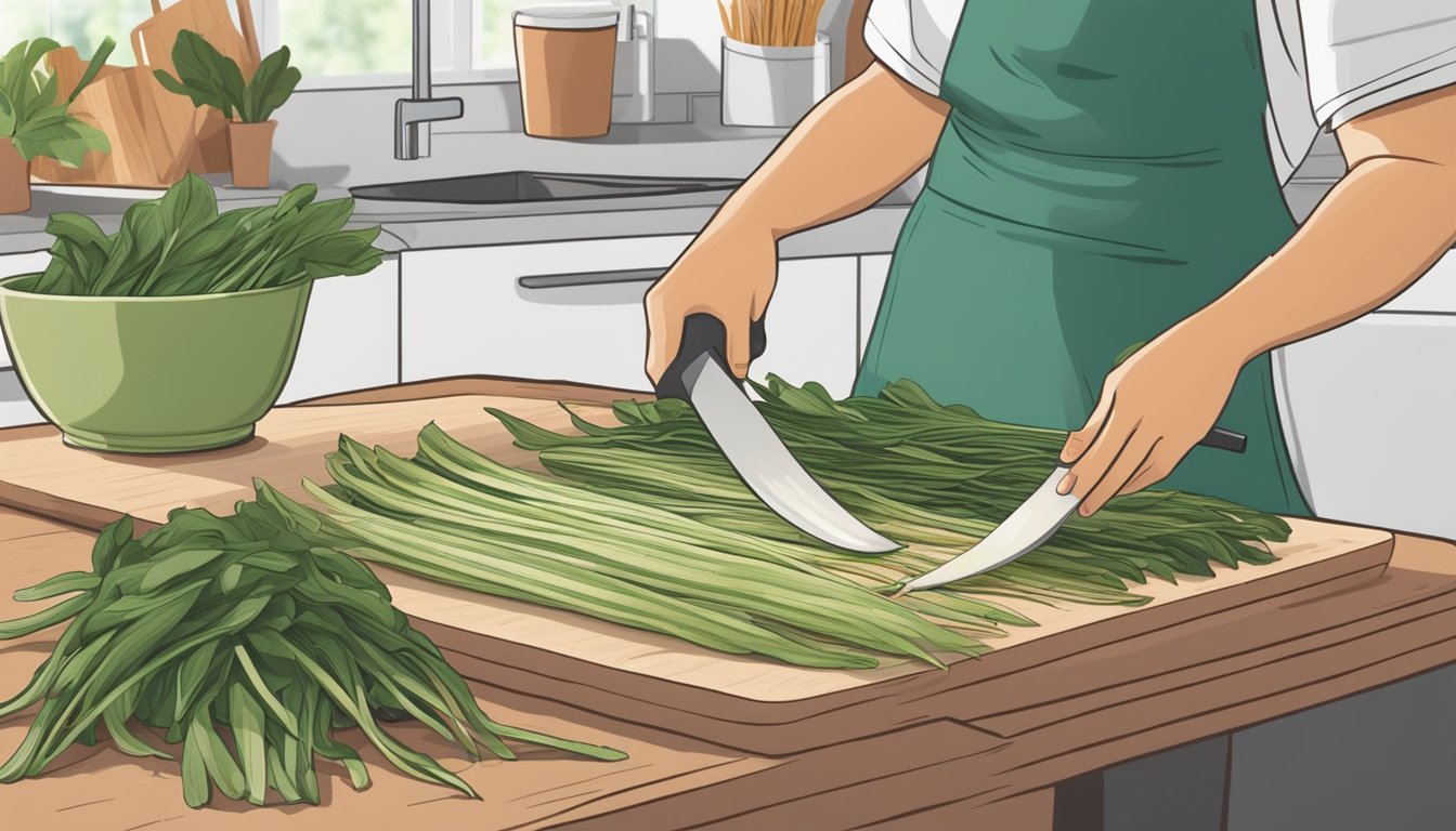 A table with freshly picked ramps spread out, a dehydrator in the background, and a person slicing the ramps to prepare them for dehydration