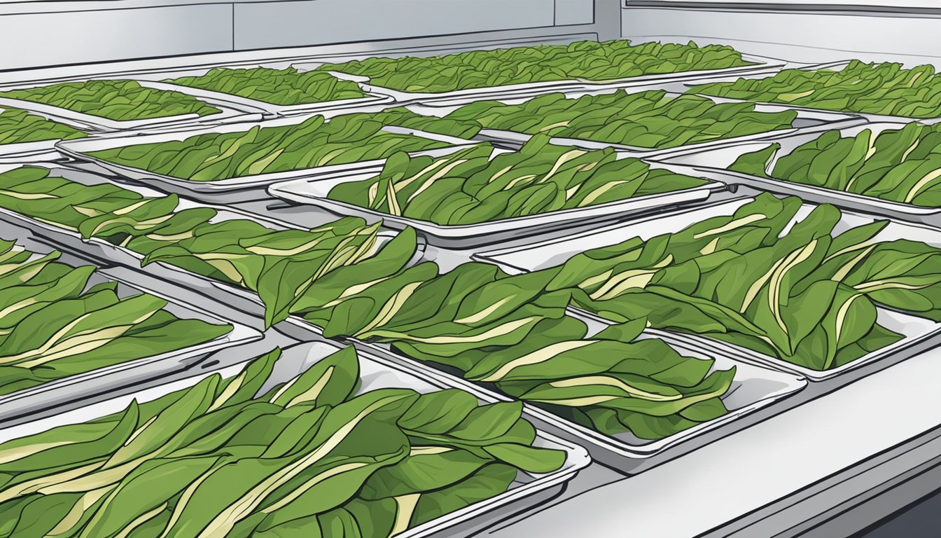 Fresh ramps arranged on dehydrator trays, ready for drying