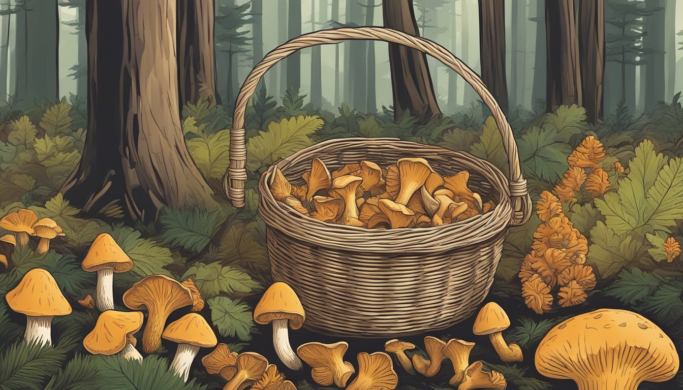 A hand reaching for chanterelle mushrooms in a forest clearing. A basket sits nearby, ready to collect the selected mushrooms for dehydration