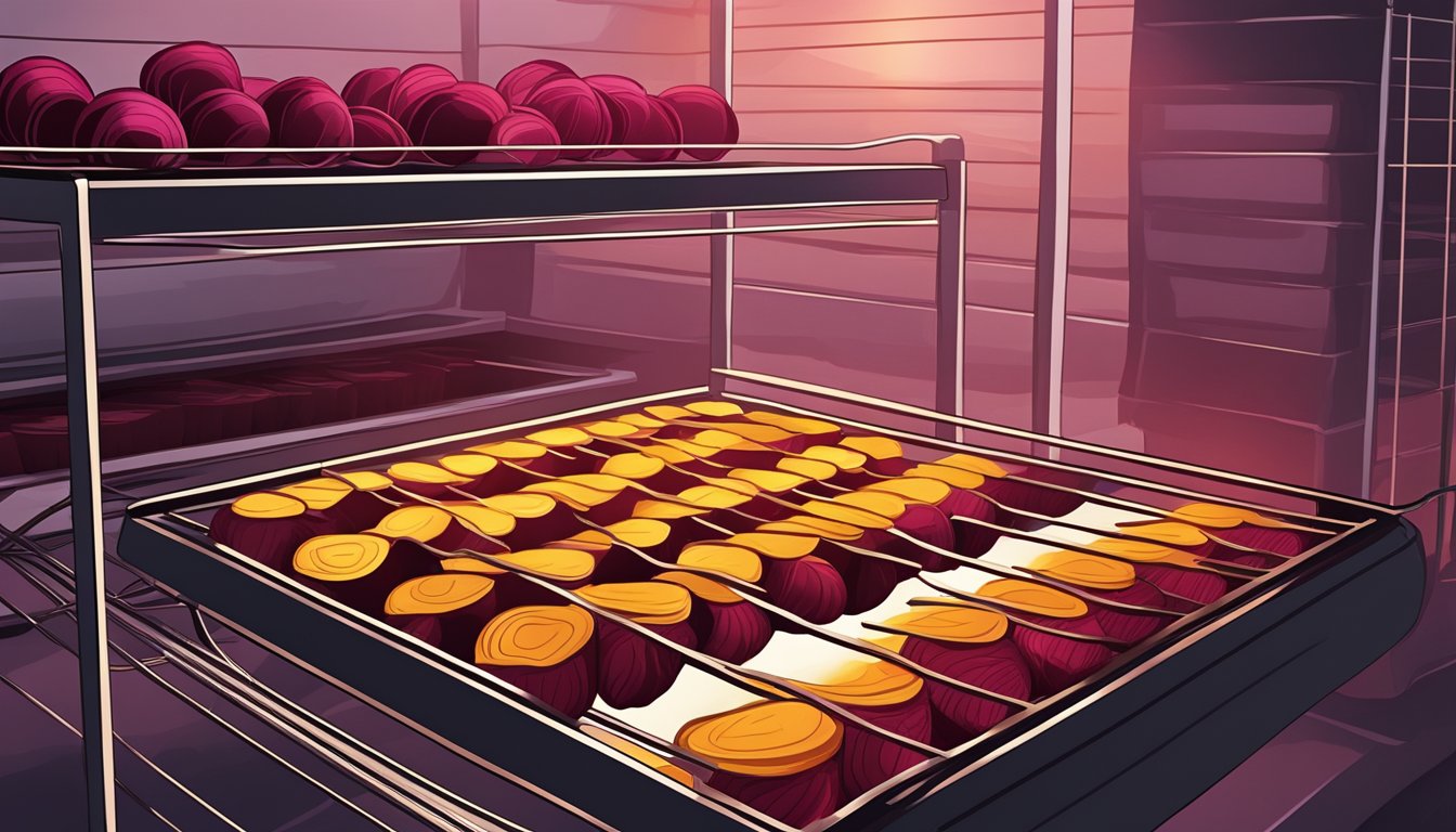 Beets arranged in uniform slices on a wire rack inside an open oven, with the warm glow of the oven light illuminating the process of dehydration