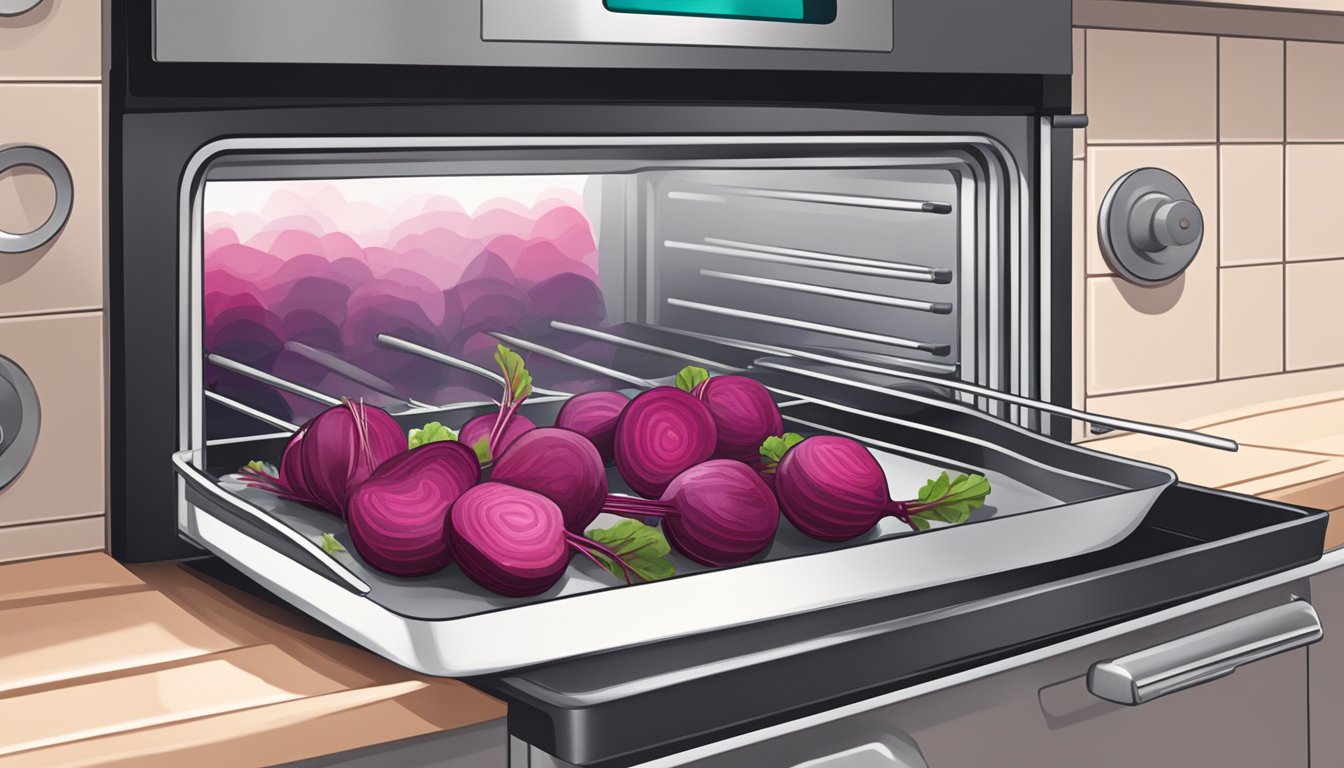 Beets sliced on baking sheet, oven door open, heat waves rising