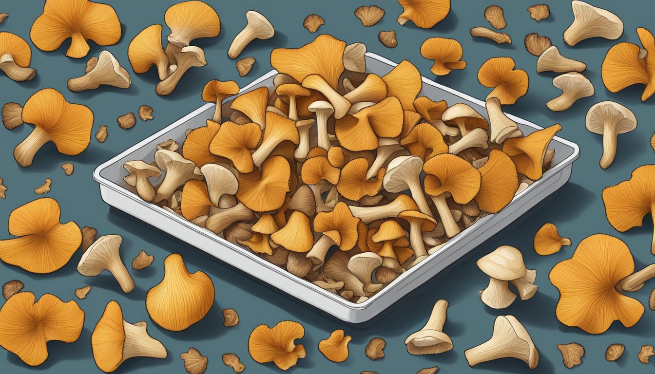 Chanterelles arranged on a dehydrator tray, surrounded by scattered pieces of the mushroom