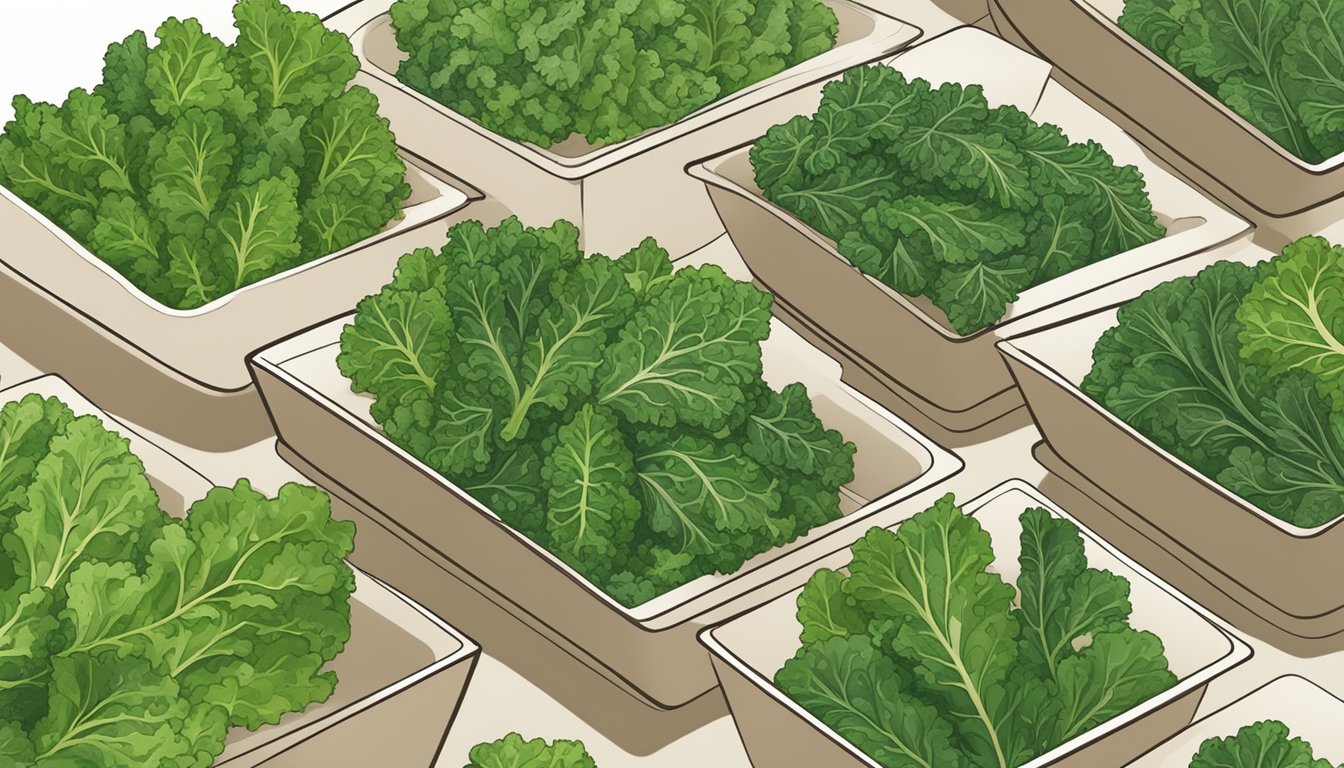 Fresh kale leaves spread out on dehydrator trays, sprinkled with seasoning before being placed inside the machine