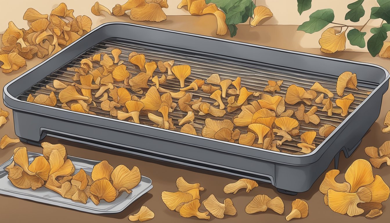 Chanterelles laid out on a dehydrator tray, with warm air circulating around them. A timer set for several hours