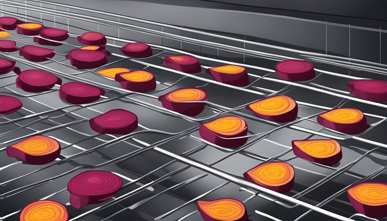 Beets slices arranged on wire racks in oven at low temperature