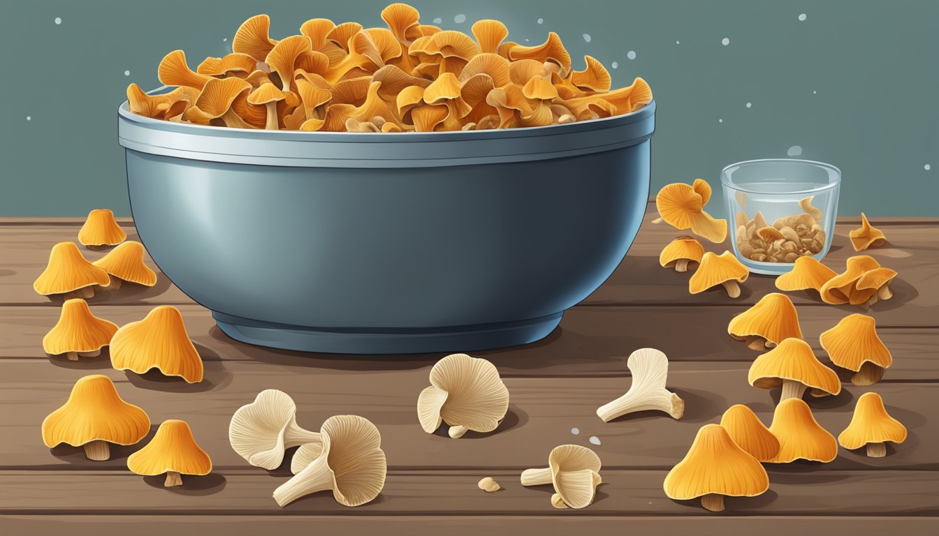 Chanterelles soaking in a bowl of water, surrounded by scattered dried mushrooms and a dehydrator in the background