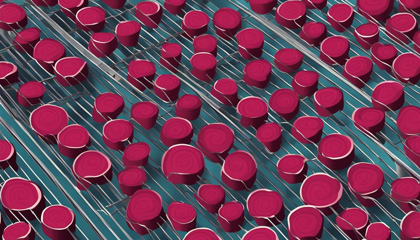 Sliced beets on wire racks in a preheated oven