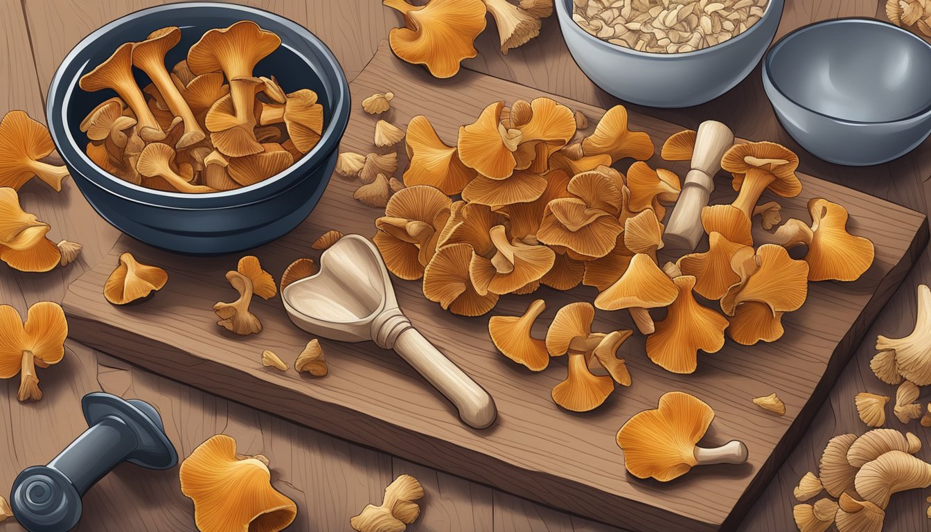 Dried chanterelles arranged on a wooden cutting board, surrounded by a mortar and pestle, a dehydrator, and a bowl of fresh chanterelles