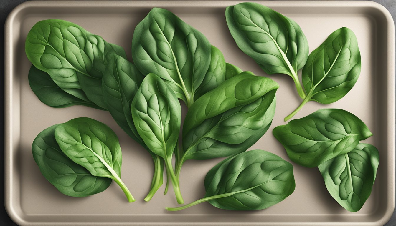 Fresh spinach leaves spread out on a baking sheet, ready to be placed in the oven for dehydration